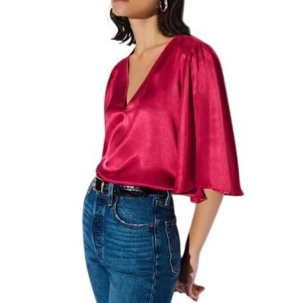 Nation LTD Satin V-Neck Flutter Sleeve Blouse in Raspberry